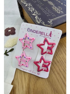 4'lü Sevimli Noktalı Yıldız Çıtçıt Toka Seti Pembe Fuşya - Kız Çocuk Yıldızlı Çıtçıtlı Saç Tokası