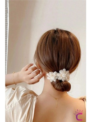 Zarif Chiffon Çiçekli Kadın Kolay Telli Saç Topuz Tokası Beyaz- Günlük Söz Nişan Düğün Saç Aksesuarı