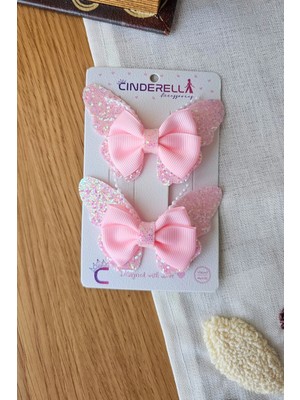 2'li Bebek Pembe Simli Incili Taşlı Fiyonk Kelebek Toka Seti 8cm - Çocuk Kelebekli Pens Saç Tokası