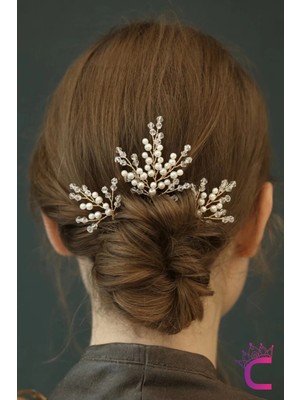 3'lü Zarif Incili Kristal Taşlı Gelin Tacı Firkete Toka Gold - Düğün Nişan Nikah Söz Saç Aksesuarı