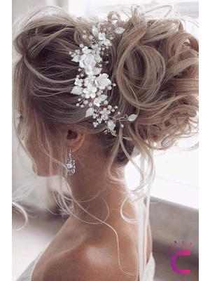 Zarif Beyaz Çiçekli Incili Gelin Tacı Gümüş - Helen Saç Bandı Topuz Tokası Düğün Nişan Aksesuarı