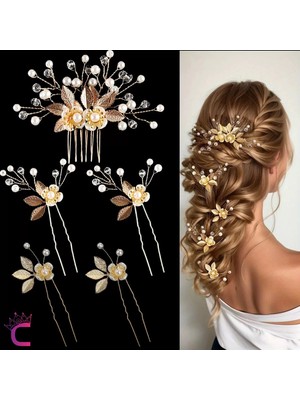 5'li Incili Çiçekli Taşlı Gold Yaprak Gelin Tacı Firkete Topuz Tokası - Düğün Nişan Saç Aksesuarı