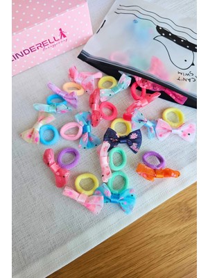 20'li Çantalı Çiçekli Fiyonk Kız Bebek Yumuşak Havlu Lastik Toka Seti - Kurdeleli Çocuk Saç Tokası