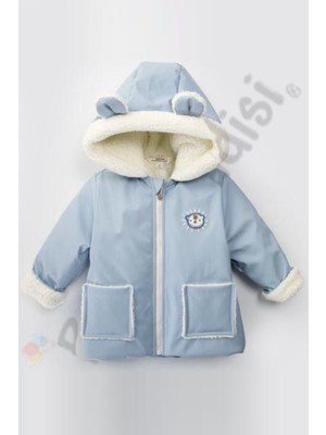 Bebek Vadisi Ayılı Içi Peluş Kürklü Kalın Kapüşonlu Erkek Çocuk Mont Mavi Fermuarlı Cepli Su Geçirmez