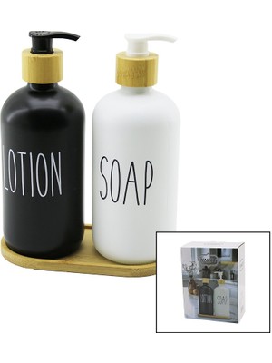 2li Set   Cam  Sivi Sabunluk - Losyonluk  Boyali Cam=siyah-Beyaz   Ahşap Bambu Altlik