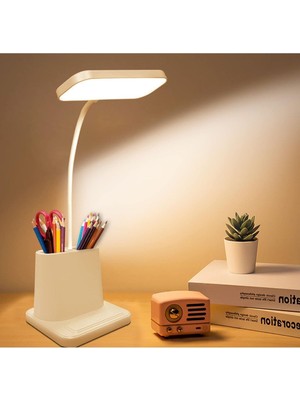 Beyaz LED Masa Lambası, 360° Dönebilir, Dokunmatik, Kalemlikli, Lithium Pil