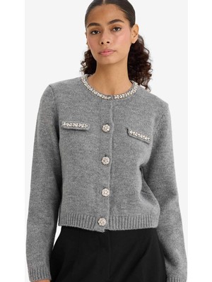 DeFacto Regular Fit Bisiklet Yaka İşlemeli Triko Hırka F3896AX25WN