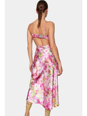 Feminen Çiçek Desenli Saten Midi Elbise Yazlık Özel Günler Için Kaliteli Işçilik Rahat Kullanım