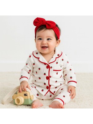 Strawberry Önden Düğmeli Mevsimlik 2 Parça Pjama Takımı -Kırmızı