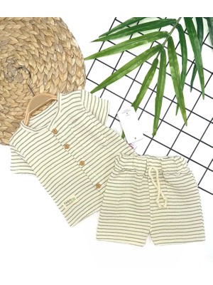 9-12-18-24 Ay Düğme Detaylı Çizgili Müslin Kumaş Yazlık 2li Erkek Bebek Takımı