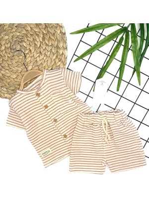 9-12-18-24 Ay Düğme Detaylı Çizgili Müslin Kumaş Yazlık 2li Erkek Bebek Takımı