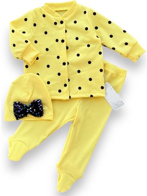 3-6-9-12 Ay Puantiyeli Şapkalı Çıtçıt Kapamalı Patikli 3lü Kız Bebek Takımı Sarı