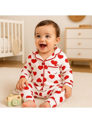 Kalp Detaylı Önden Düğmeli Mevsimlik 2 Parça Pjama Takımı -Kırmızı