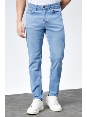 Erkek Buz Mavi Regular Fit Boru Paça Esnek Likralı Jeans Kot Pantolon HLTHE001981