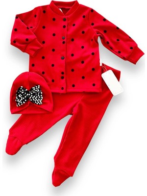 3-6-9-12 Ay Puantiyeli Şapkalı Çıtçıt Kapamalı Patikli 3lü Kız Bebek Takımı Kırmızı