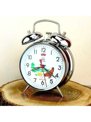 Şık Metal Horoz Figürlü Kurmalı Çalar Saat, Gümüş Renk, Nostaljik Tasarım
