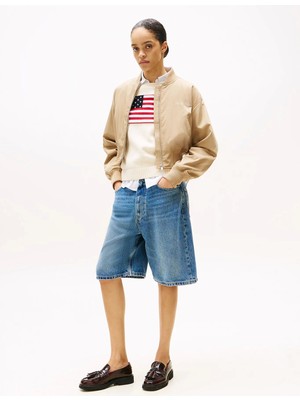 Tommy Hilfiger Kadın Naylon Normal Kesim Kısa Bej Bomber  Ceket WW0WW45634AEH