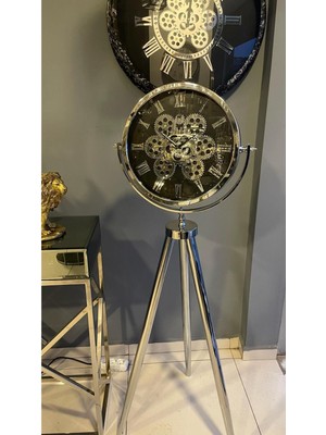 Metal Ayaklı Krom Saat, Çarklı, Şık ve Modern Tasarım