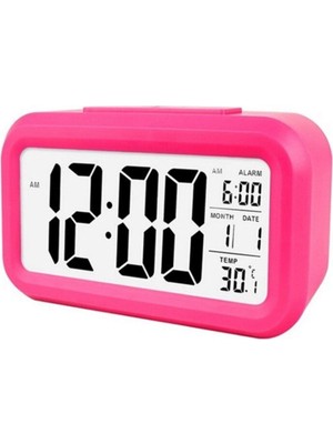 Pembe LCD Işıklı Sensörlü Dijital Masa Saati, Termometre, Alarm ve Fotoselli Özellikli