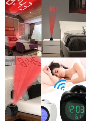 Projeksiyonlu Dijital Saat, Termometreli, Işıklı, Alarmlı, Beyaz