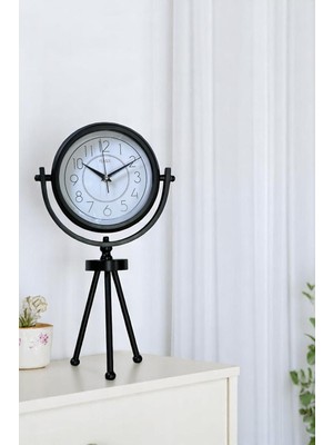 Şık Siyah Tripod Metal Masa Saati, Sessiz ve Cam Yüzeyli Dekorasyon Parçası