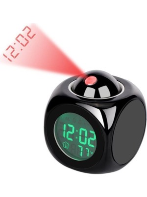 Siyah Duvara Yansıtmalı Dijital Saat, Termometreli, Ingilizce Konuşan Çalar Saat