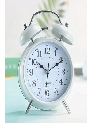Büyük Boy Beyaz Nostaljik Çift Çanlı Masa Saati, Işıklı ve Premium Kalite