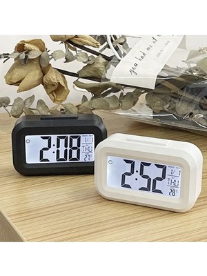 Dijital Akıllı Masa Saati, Termometre ve Takvim Özellikli, Beyaz Renk