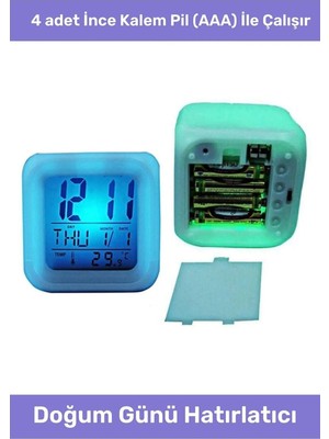 Renkli Dijital Termometreli Takvimli Masa Saati, Alarmlı, Dekoratif ve Çok Renkli