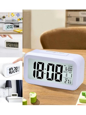 Gece Sensörlü, Işıklı, Alarm, Tarih, Termometre Özellikli Dijital Masa Saati
