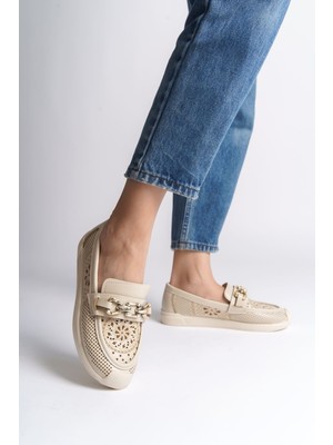 Layla Bağcıksız Ortopedik Rahat Taban Çiçek Desenli Kadın Babet Ayakkabı Ckt - Krem