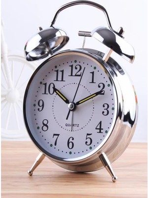 Nostaljik Çift Çanlı Büyük Gümüş Masa Saati, Işıklı ve Şık Tasarım, Premium Kalite