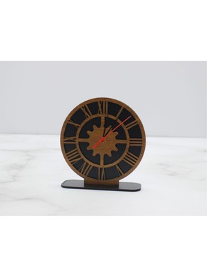 Şık Ahşap Masa Saati, Roma Rakam ve Çark Detaylı, Siyah Renkli Tasarım