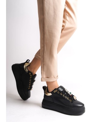 Brıanna Bağcıklı Ortopedik Taban Renkli Taş Dekorlu Kadın Sneaker Spor Ayakkabı Cst - Siyah/altın