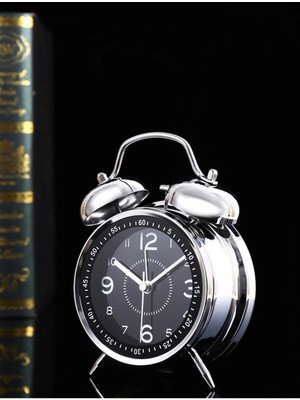 Gümüş Renkli Işıklı Çift Çanlı Mekanizmalı Masa Saati