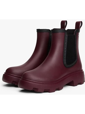Tommy Hilfiger Kadın Chelsea Yağmur Botu Bordo Renkli Vulkanize Kauçuk Dış Materyal 4.5 cm Topuk ile Şık Görünüm