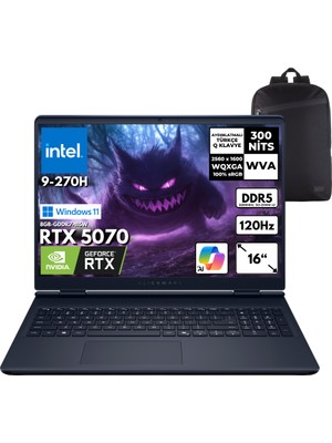 Dell Alienware 16 Aurora Intel 9-270H 48-Gbddr5 2 Tbssd RTX5070 (8GB-115W-GDDR7) 16" 2k Wqxga 120Hz Windows 11 Home Taşınabilir Bilgisayar + Hmf Sırt Çantası AC16250-C932157WHMF7