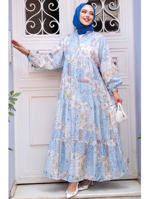 Desenli Bebek Mavisi Tesettür Elbise 710503BM