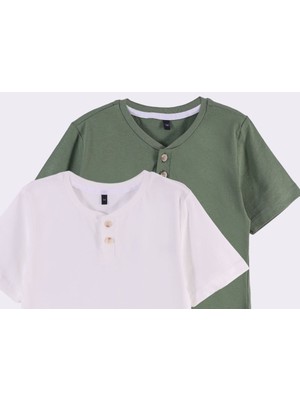 Pollito Erkek Çocuk Düğmeli Yaka Kısa Kollu Tişört 2'li Set Haki-Beyaz %100 Pamuk Günlük Rahat Kullanım