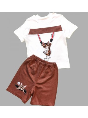 1-2-3 Yaş Fermuarlı Kedi Baskılı Şortlu Kısa Kollu Tişört 2li Erkek Bebek Takımı Kahverengi