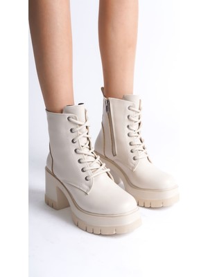 Lauren Bağcıklı Fermuarlı Ortopedik Taban Topuklukadın Bot  Ckt - Krem