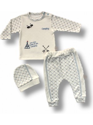 3-6 6-9 9-12 Ay My Camping Nakışlı Şapkalı Uzun Kollu Sweatli 3lü Erkek Bebek Takımı Ekru