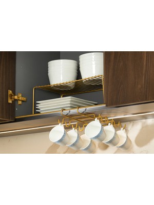 Altın 2'li Mutfak Seti, Dolap Düzenleyici ve 10'lu Bardaklık Hediyelik - Metal Paslanmaz