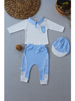 3-6 6-9 9-12 Ay Efendi Nakışlı Cep Şapkalı Uzun Kollu Sweat 3lü Erkek Bebek Takımı Mavi