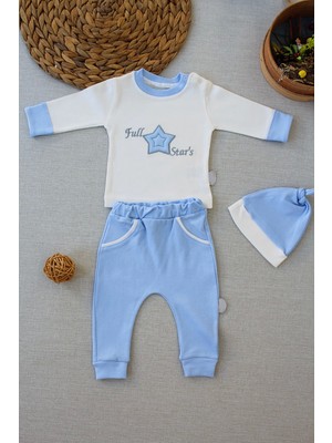 3-6 6-9 9-12 Ay Full Star Nakışlı Şapkalı Uzun Kollu Sweat 3lü Erkek Bebek Takımı Mavi