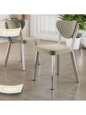 Arfe Serisi 6 Adet Krem Mutfak Sandalyesi Krom Kaplama Metal Ayak 1. Sınıf Babyface Kumaş