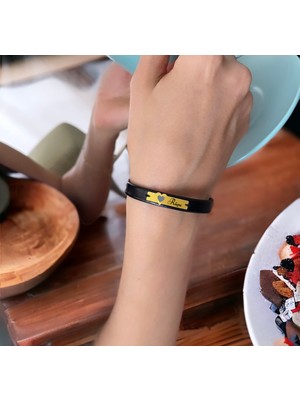 Altın Plakalı 14 Ayar Rüya Ismine Özel Hakiki Siyah Derili Kalp Figürlü Hediye BILEKLIK-568ISIM