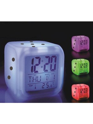 7 Renkli Dijital Zar Küp Saat, Dekoratif Masa Saati ve Gece Lambası