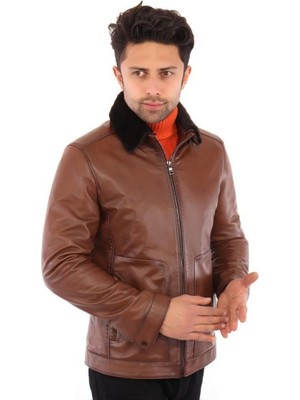 Hakiki Deri Kahverengi Yaka Kürklü Cappi Erkek Deri Ceket
