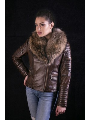 Hakiki Deri Kahverengi Yaka Kürklü Kadın Deri Ceket